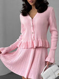V-neck ruffled waist-cinching knit two-piece set