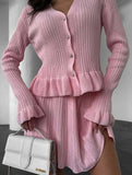 V-neck ruffled waist-cinching knit two-piece set