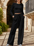 Casual suit top with high-waisted wide-leg pants