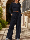 Casual suit top with high-waisted wide-leg pants
