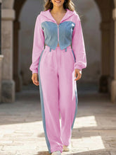 Casual denim patchwork hooded two-piece set