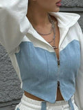 Casual denim patchwork hooded two-piece set