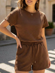 Women's Sporty Solid Color Short-Sleeve and Shorts Set