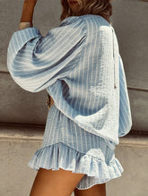 Striped puff sleeve ruffle shirt suit for women_CWSS01429