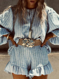 Striped puff sleeve ruffle shirt suit for women_CWSS01429