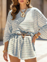 Striped lantern sleeve round neck suit for women