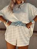Striped lantern sleeve round neck suit for women