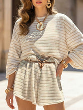 Striped lantern sleeve round neck suit for women