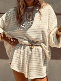 Striped lantern sleeve round neck suit for women