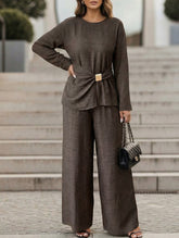 Women's Fitted Round Neck Top and Wide Leg Pants Suit_CWSS01450