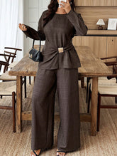 Women's Fitted Round Neck Top and Wide Leg Pants Suit_CWSS01450