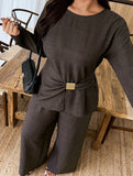 Women's Fitted Round Neck Top and Wide Leg Pants Suit_CWSS01450