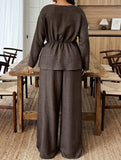 Women's Fitted Round Neck Top and Wide Leg Pants Suit_CWSS01450