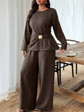 Women's Fitted Round Neck Top and Wide Leg Pants Suit_CWSS01450