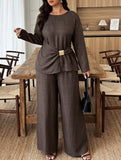 Women's Fitted Round Neck Top and Wide Leg Pants Suit_CWSS01450