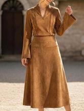 Suede elegant bell-sleeve top and A-line skirt set_CWSS01451