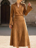 Suede elegant bell-sleeve top and A-line skirt set_CWSS01451