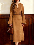 Suede elegant bell-sleeve top and A-line skirt set_CWSS01451
