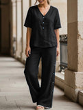 Casual short-sleeved button-down cotton-linen set