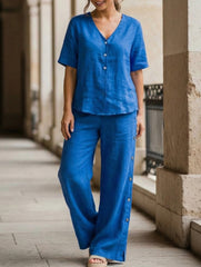 Casual short-sleeved button-down cotton-linen set