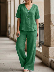 Casual short-sleeved button-down cotton-linen set
