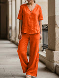 Casual short-sleeved button-down cotton-linen set