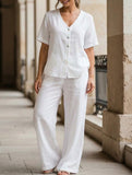 Casual short-sleeved button-down cotton-linen set