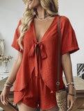 V Neck Tie Top Shorts Set_CWSS01501