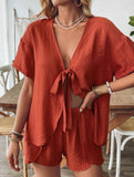V Neck Tie Top Shorts Set_CWSS01501