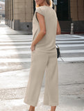 Solid V Neck Button Short Sleeve Two Piece Set