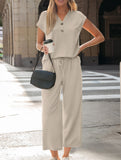 Solid V Neck Button Short Sleeve Two Piece Set
