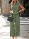 Solid V Neck Button Short Sleeve Two Piece Set