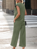 Solid V Neck Button Short Sleeve Two Piece Set