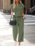 Solid V Neck Button Short Sleeve Two Piece Set