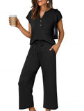 Solid V Neck Button Short Sleeve Two Piece Set