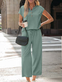 Solid V Neck Button Short Sleeve Two Piece Set