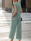 Solid V Neck Button Short Sleeve Two Piece Set