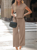 Solid V Neck Button Short Sleeve Two Piece Set