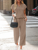 Solid V Neck Button Short Sleeve Two Piece Set