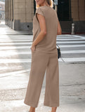 Solid V Neck Button Short Sleeve Two Piece Set