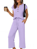 Solid V Neck Button Short Sleeve Two Piece Set