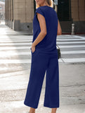 Solid V Neck Button Short Sleeve Two Piece Set