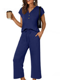 Solid V Neck Button Short Sleeve Two Piece Set