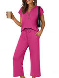 Solid V Neck Button Short Sleeve Two Piece Set