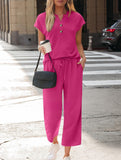 Solid V Neck Button Short Sleeve Two Piece Set