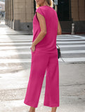 Solid V Neck Button Short Sleeve Two Piece Set