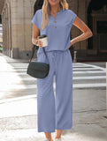 Solid V Neck Button Short Sleeve Two Piece Set