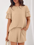 Crew Neck Top Shorts Casual Two Piece Set