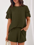 Crew Neck Top Shorts Casual Two Piece Set