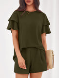 Crew Neck Top Shorts Casual Two Piece Set
